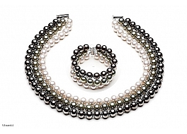 Set - necklace & bracelet, shell pearls, triple, round, 8mm