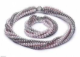 Set - necklace & bracelet, freshwater pearls, mix color, round, 6-6,5mm