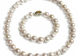 Set - necklace & bracelet, freshwater pearls, white, round, 11-12mm, gold 14K, diamonds