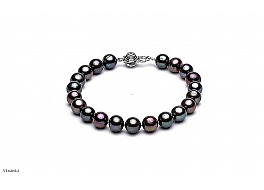 Bransoleta, perły czarne hodowane, słodkowodne okrągłe 8-8.5mm,supełkowane, zapięcie srebrne rodowane
