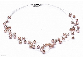 Necklace - freshwater pearls, 5 strands, salmon, round, 5-5,5mm