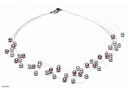Naszyjnik "pajęczynka" 5 żyłek, perły biało-łososiowe hodowane, słodkowodne okrągłe 4-4.5mm, zapięcie srebrne