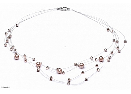 Naszyjnik "pajęczynka" 5 żyłek, perły łososiowe hodowane, słodkowodne okrągłe 3-7mm, zapięcie srebrne