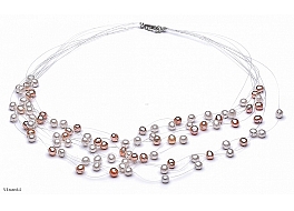 Naszyjnik "pajęczynka" 10 żyłek, perły białe i łososiowe hodowane, słodkowodne okrągłe 5-5,5mm, zapięcie srebrne