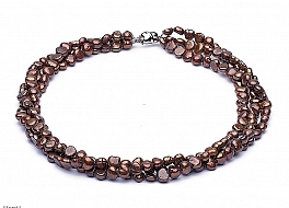 Necklace - freshwater pearls, triple, brown, non regular, 6,5-7mm