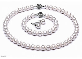 Set - necklace & bracelet & earrings, freshwater pearls, round, white,  8-8,5mm