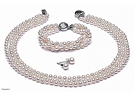 Set - necklace & bracelet & earrings, triple, freshwater pearls, white,  round, 6-6mm
