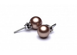 Earrings, shell pearls, brown, round 8 mm