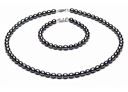 Komplet - naszyjnik i bransoleta - perły grafitowe słodkowodne   4-4.5mm, zapięcie srebrne