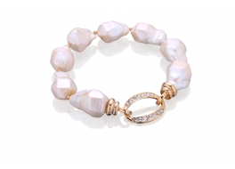 Bransoleta,perły białe hodowane,słodkowodne,barok 12-20mm,zapięcie pozłacane z cyrkoniami