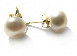Earrings, freshwater pearls, white, button 8-8,5mm, gold