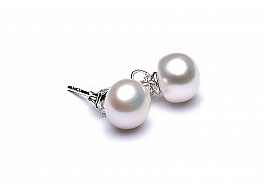 Earrings, freshwater pearls, white, button 8-8,5mm