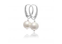 Earrings, shell pearls, white, round 8 mm, silver