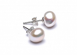 Earrings, freshwater pearls, white, button 9mm